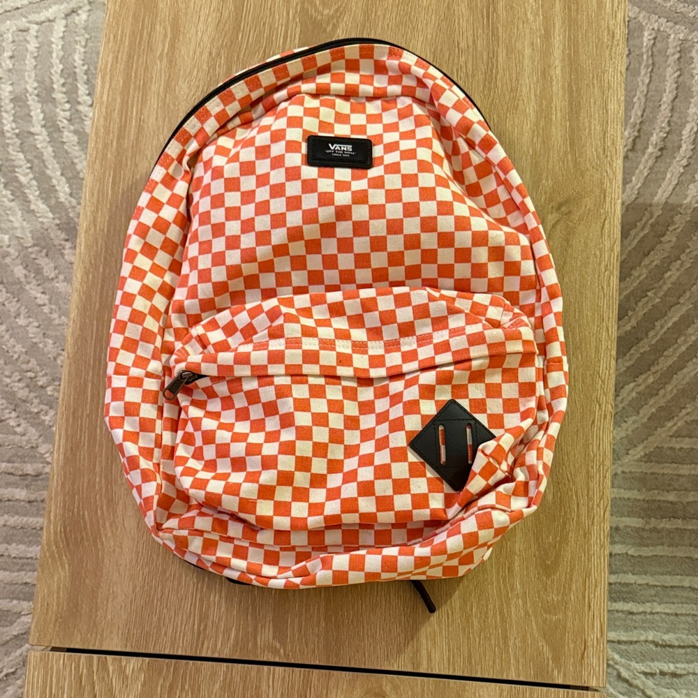 Vans Orange and White Checkerboard Backpack with Black Patch - Picture 3 of 4